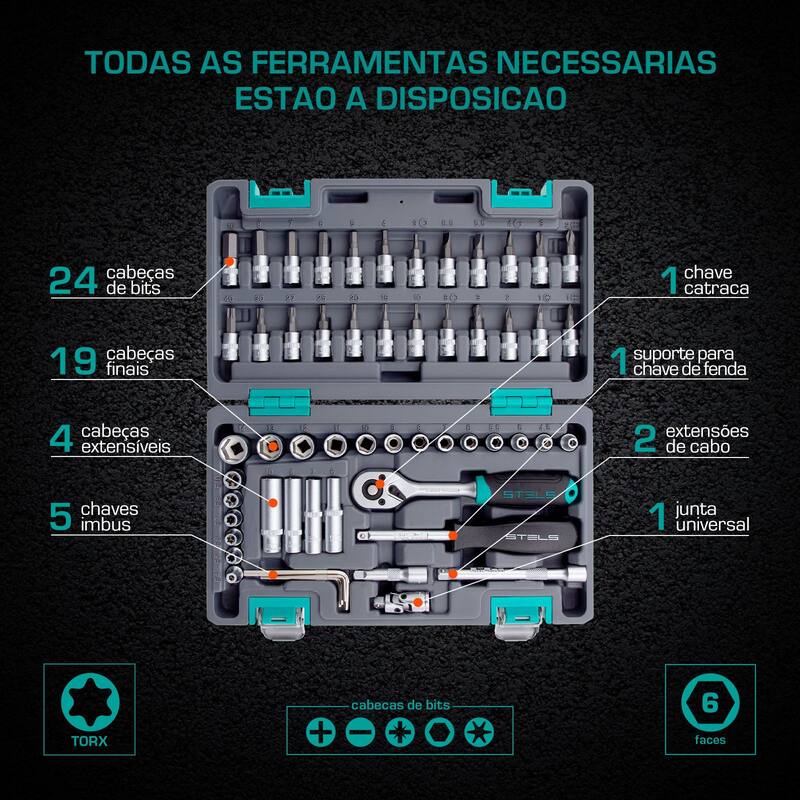Jogo de Ferramentas Encaixe 1/4 Pol Cromo Vanádio 57 Peças STELS